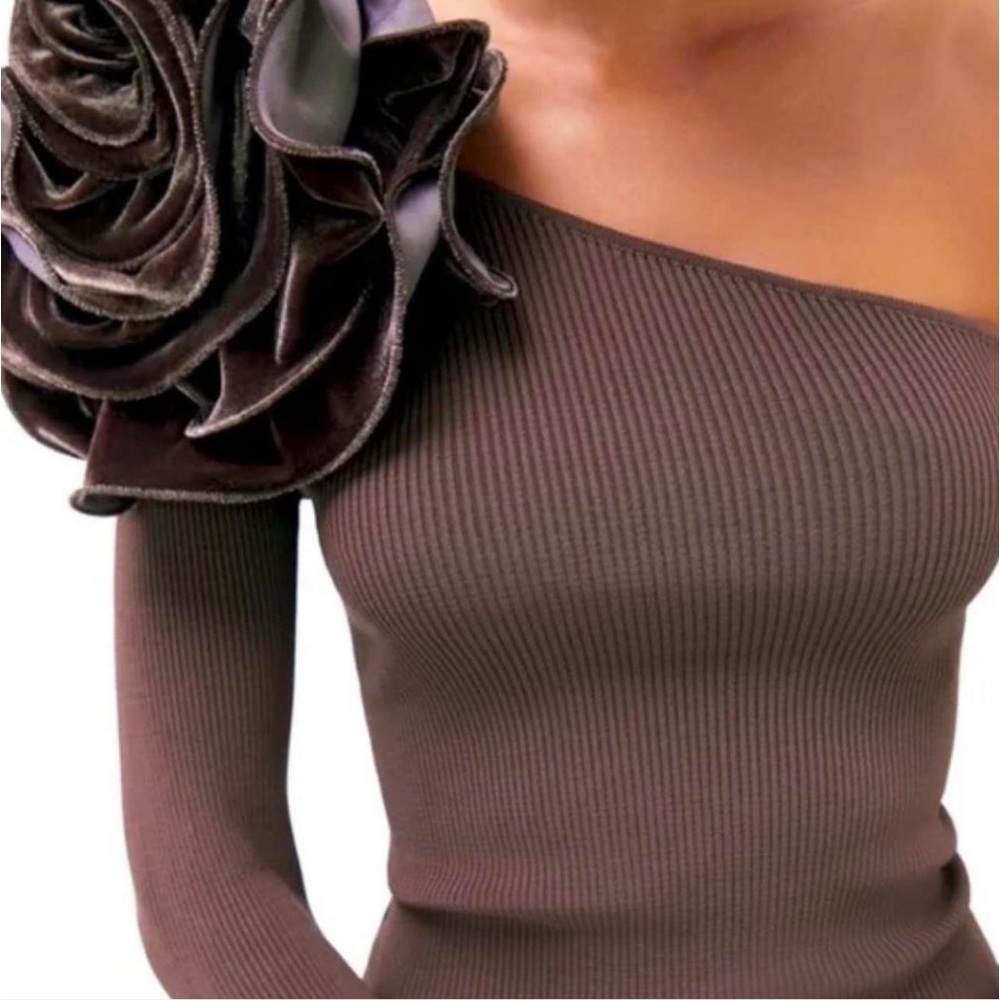 Zara One Shoulder Asymmetrical Brown Top With Velvet Floral Embellishment Medium - Picture 2 of 5